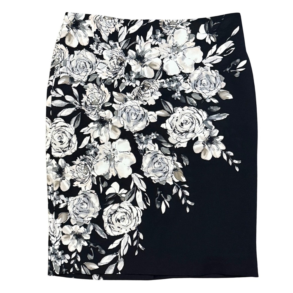 White House Black Market Floral Pencil Skirt Black White Grey Size 14